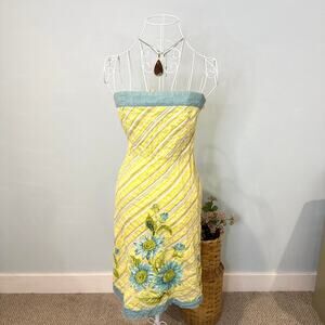 Vintage y2k yellow striped sunflower embroidered tube midi dress